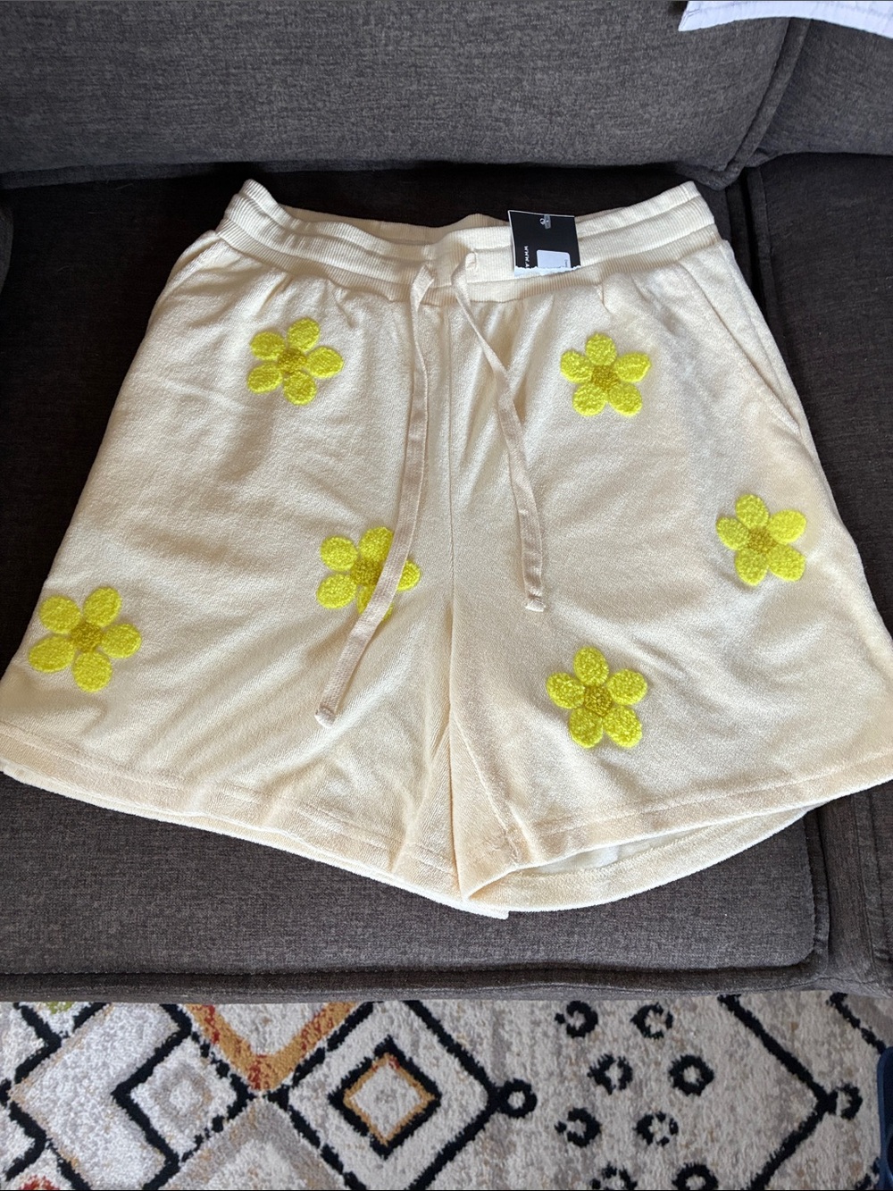 Cream Terry Shorts with Yellow Floral Appliqué NWT medium